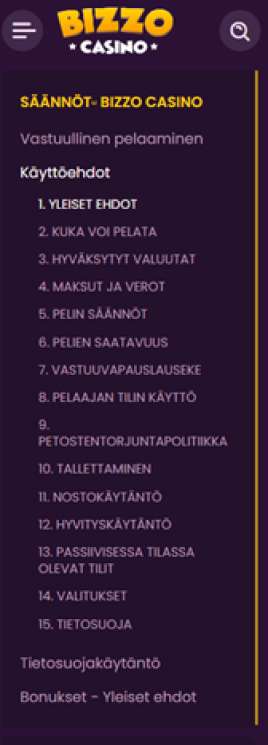 Bizzo Casino Käyttöehdot